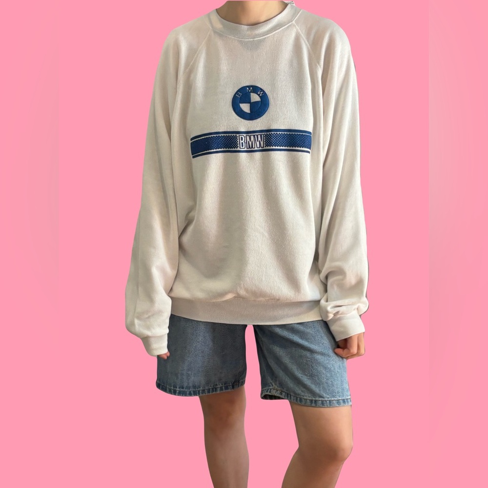 Vintage BMW White Sweatshirt with Blue Logo